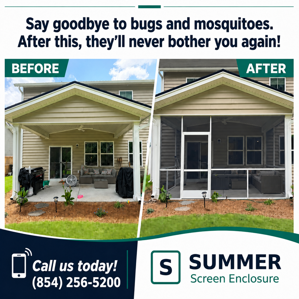 Before and after screen porch enclosure installation by Summer Screen Enclosure