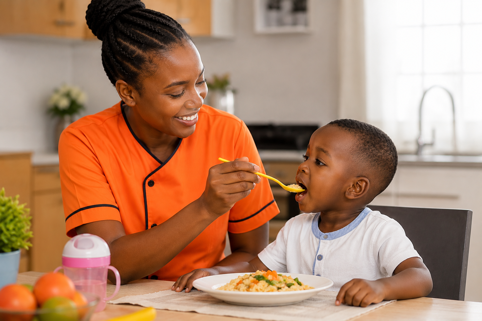 Professional babysitter in a light blue Fiftess Househelp Agency uniform engaging a smiling toddler in a bright, modern living room, demonstrating nurturing, attentive childcare in a home setting.