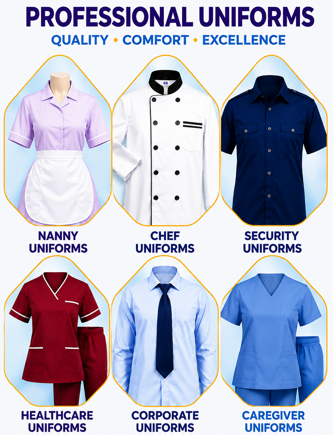 Professional nanny uniforms in Kenya featuring stylish househelp dresses with white aprons designed to promote professionalism, trust, discipline, and a premium household image.