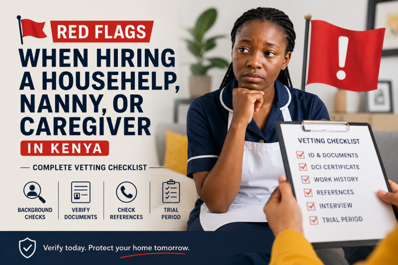 Illustration of the key red flags to watch for when hiring a househelp, nanny, or caregiver in Kenya.