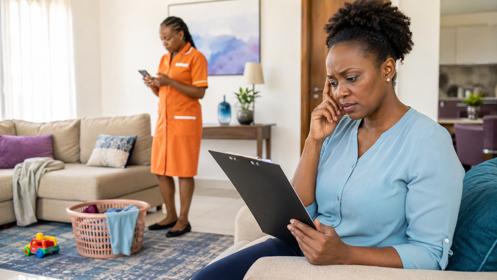 Concerned homeowner watching a househelp clean the living room while thinking about warning signs of a poor household employee.