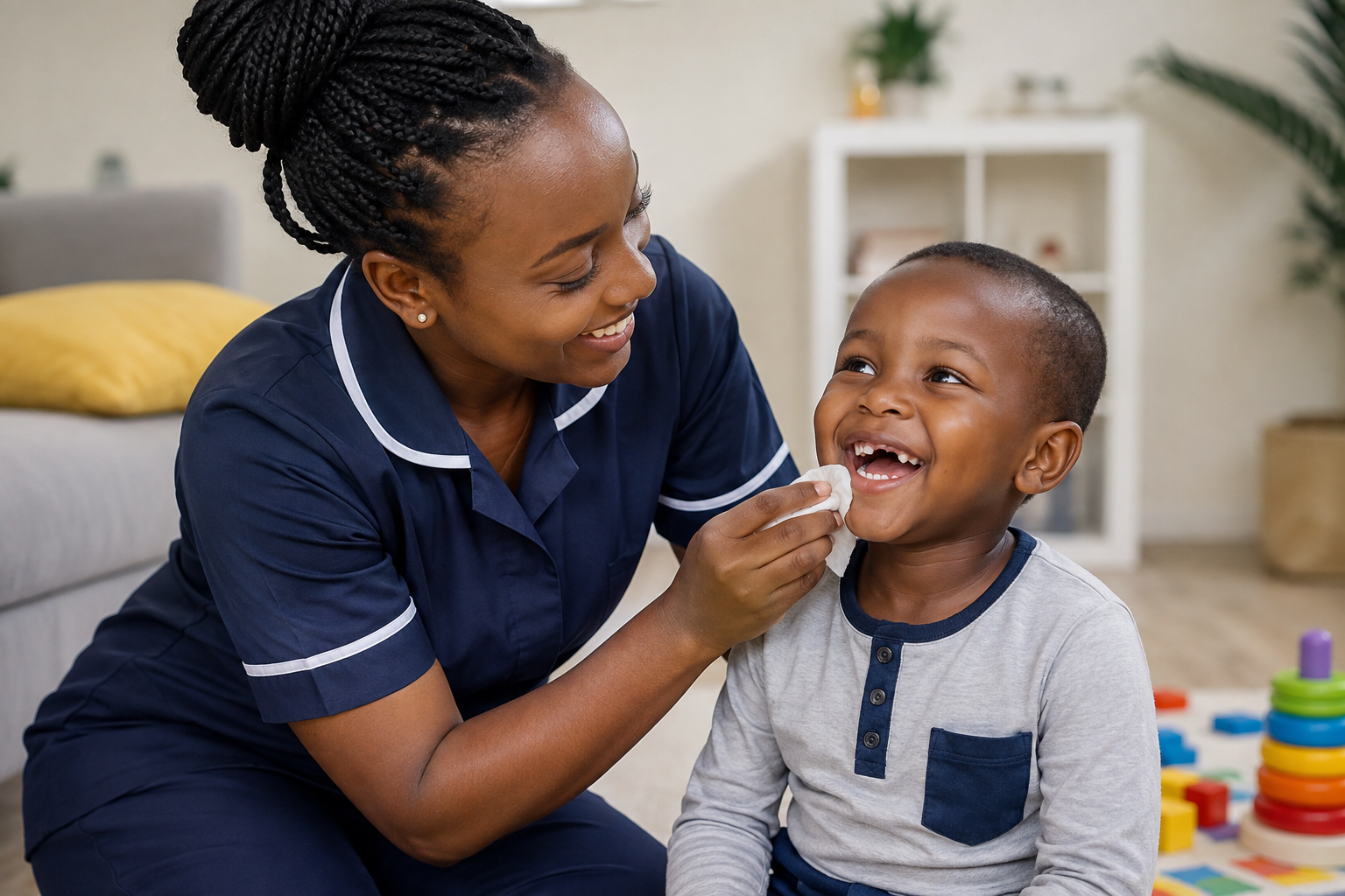 African nanny and elderly caregiver in aprons warmly engaging with a smiling child in a cozy kitchen, preparing food together and showing nurturing, family-centered care.