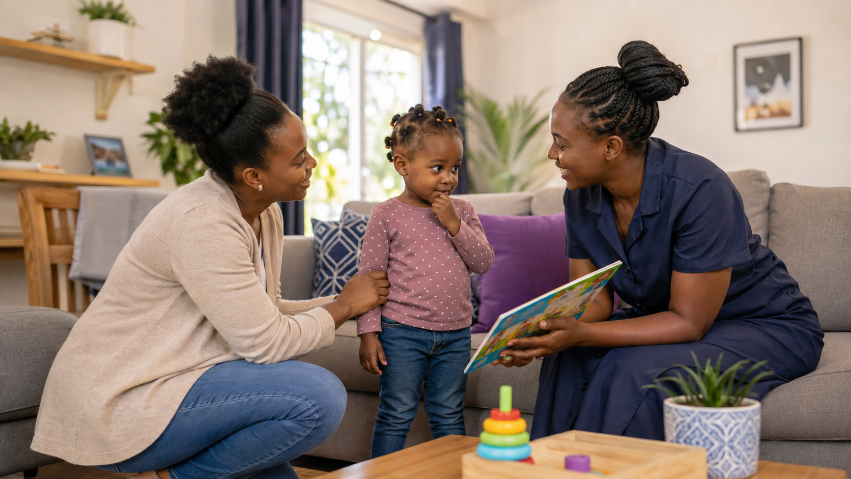 A smiling nanny sits with a young child in a bright living room, helping them feel comfortable and engaged during their first interactions. The image illustrates a step-by-step guide to preparing children for a smooth transition to a new nanny.