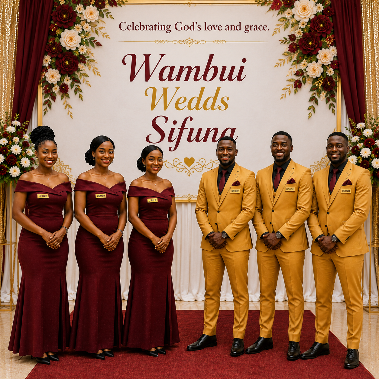 Professional corporate VIP ushers at a luxury event registration desk in Nairobi, welcoming guests with elegant hospitality uniforms and polished event coordination service.