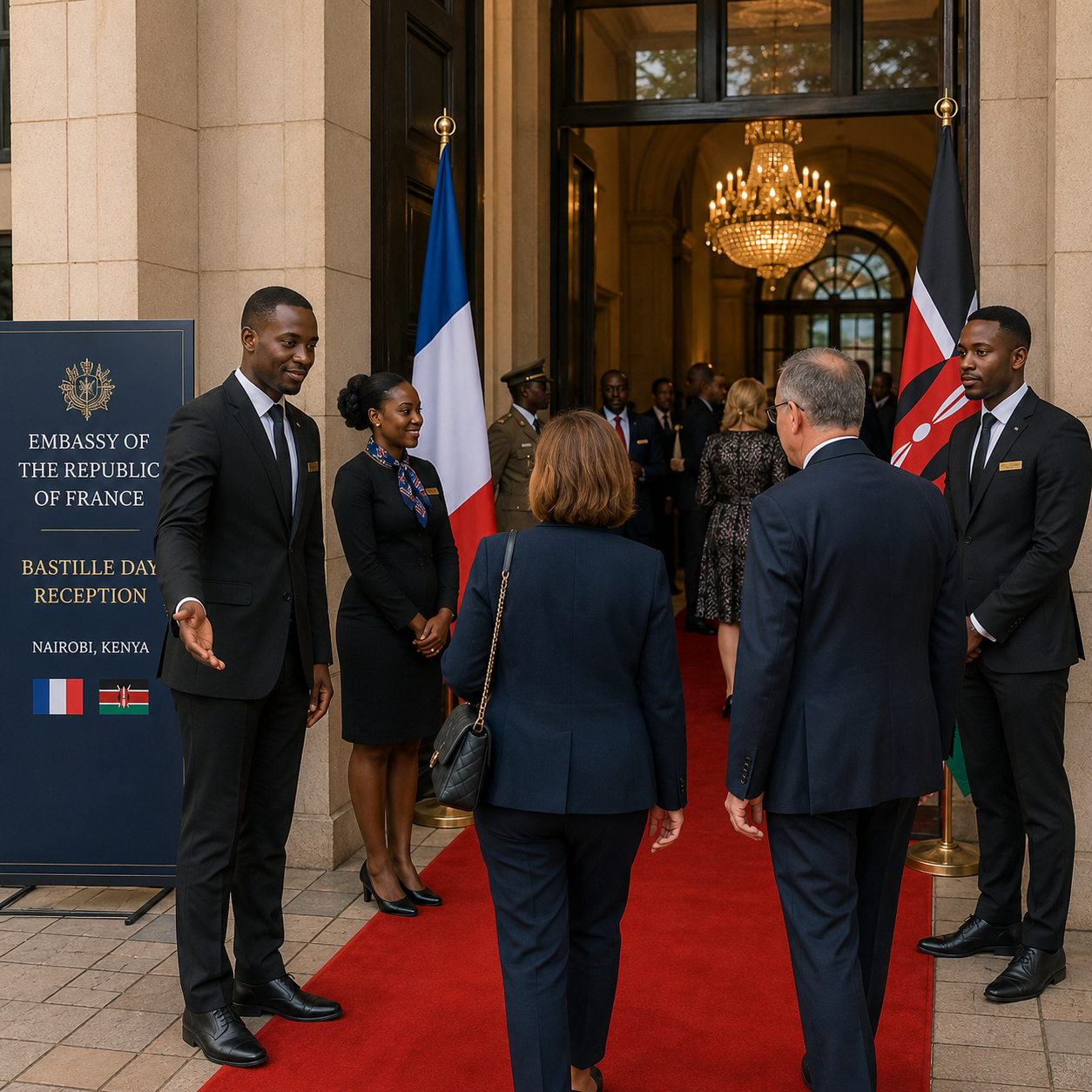 Executive guests arriving at a luxury corporate dinner in Nairobi while usher teams coordinate seating, guest reception, media check-in and VIP hospitality support.
