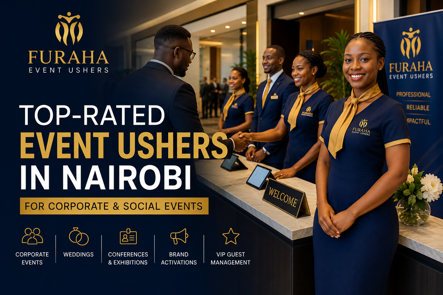 Furaha Event Ushers team providing professional guest reception and registration services at an event in Nairobi.