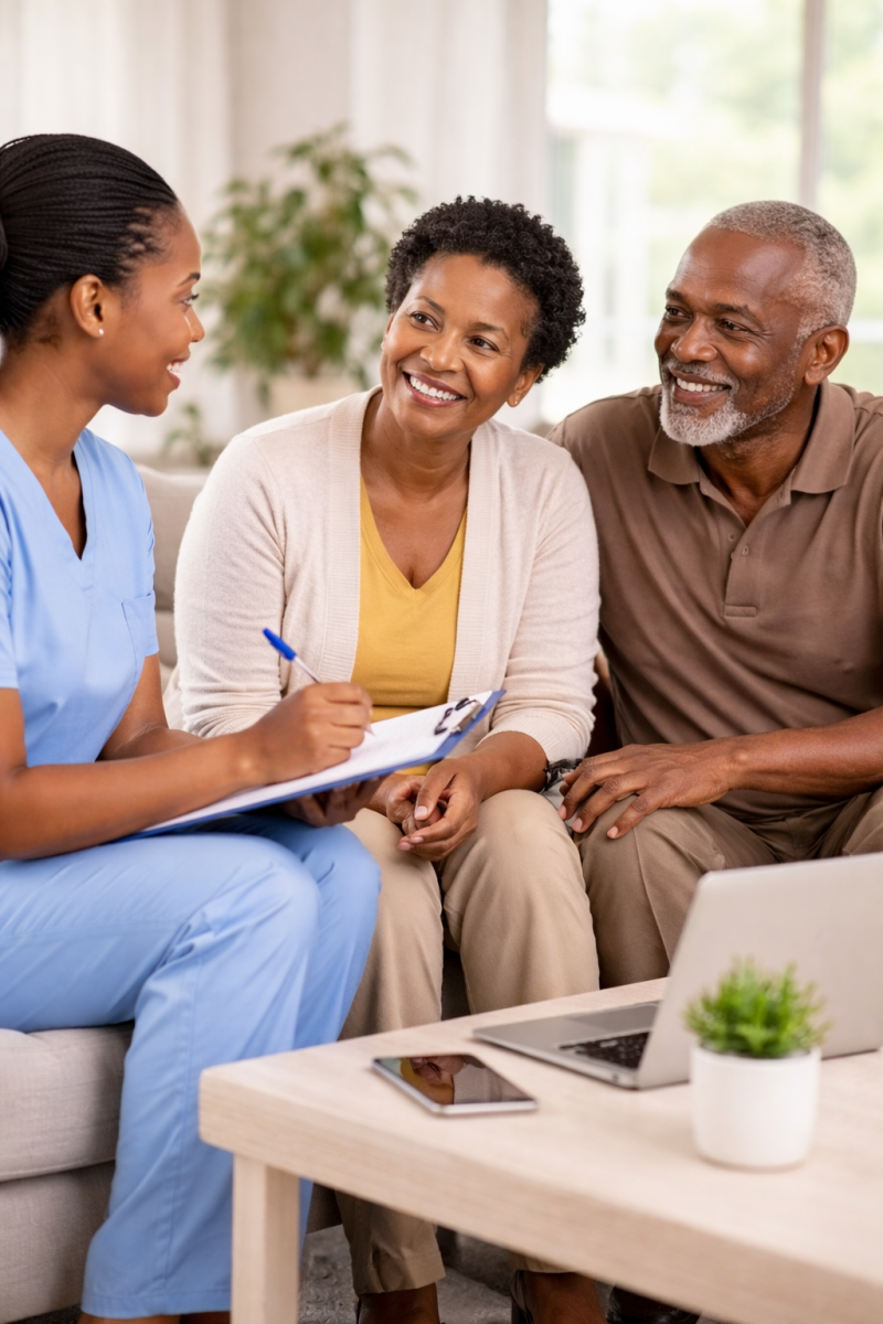 Caregiver consultation in Nairobi showing a professional home caregiver discussing care needs with a family before providing elderly care services