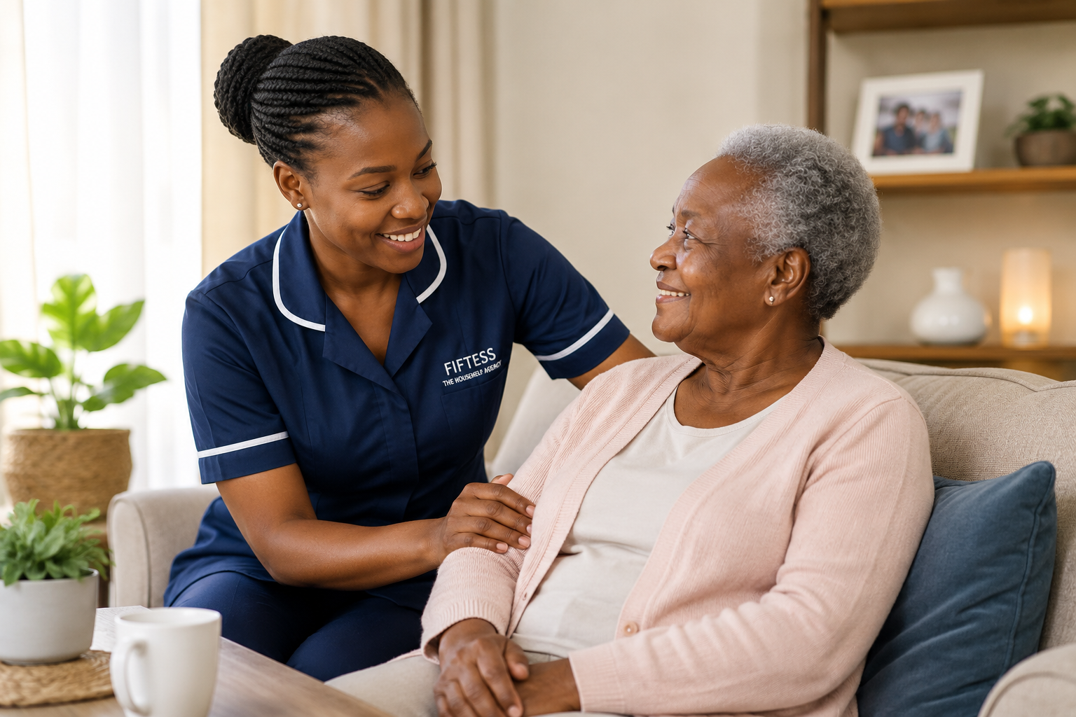 Professional caregiver assisting an elderly woman at home, providing trusted senior care, companionship, and daily support in a comfortable living room environment.