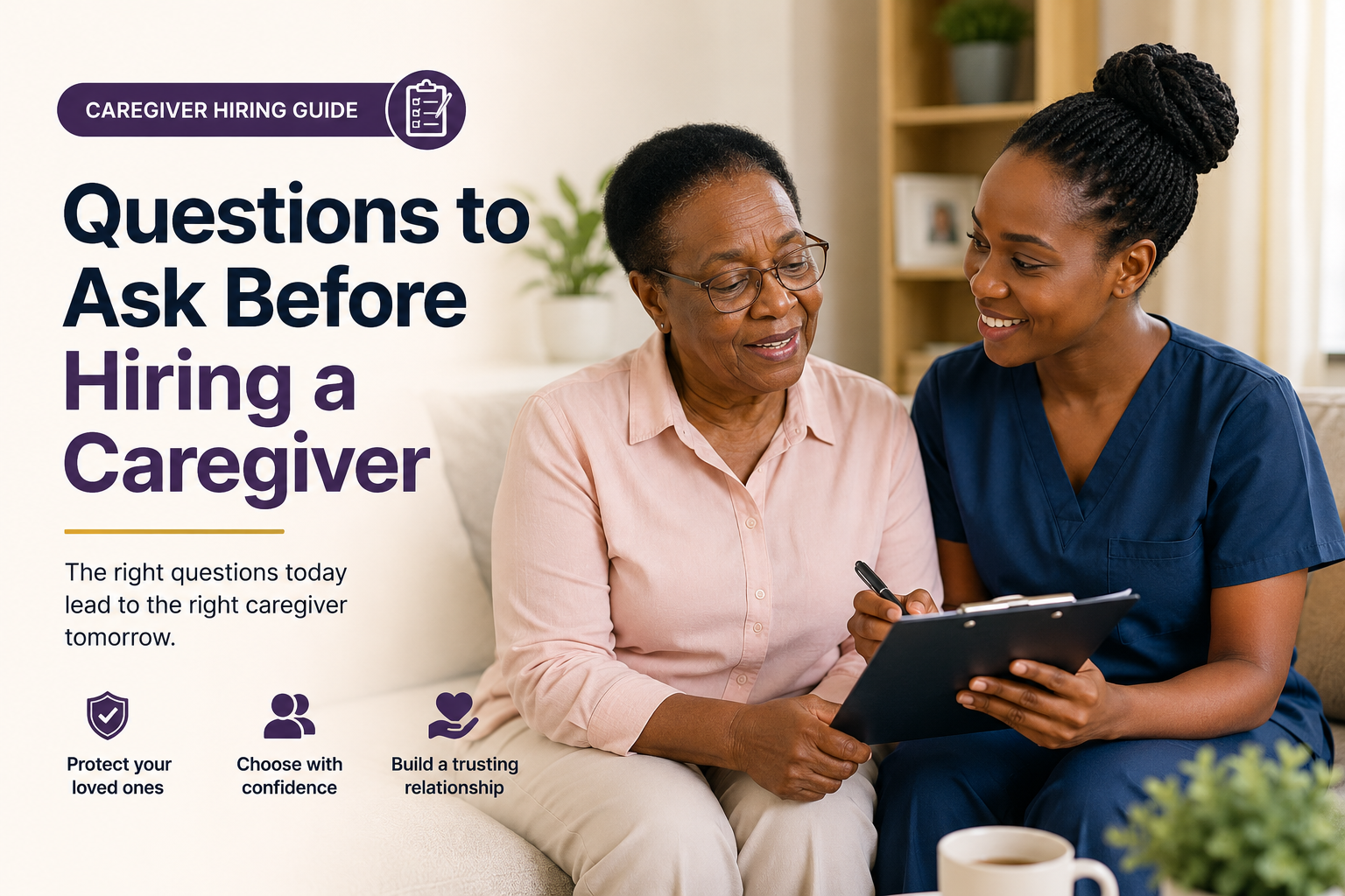 Professional caregiver providing support to a senior at home while discussing a care plan.