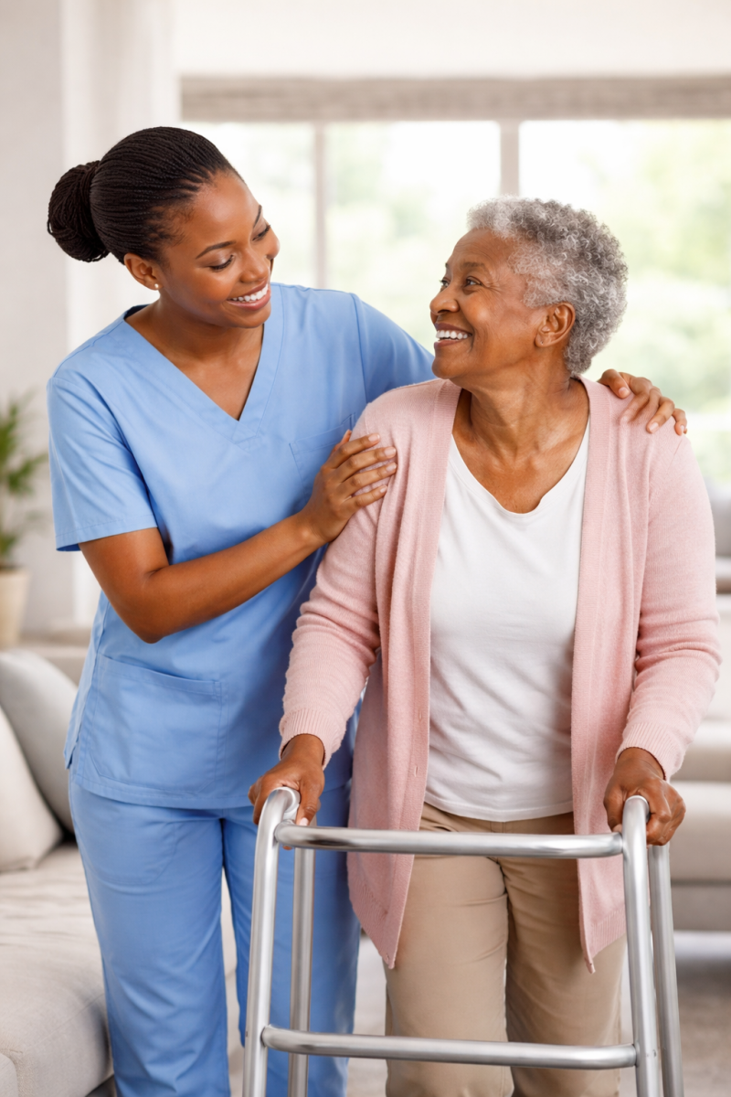 Professional caregiver in Nairobi assisting an elderly woman with mobility support at home, providing trusted elderly care services