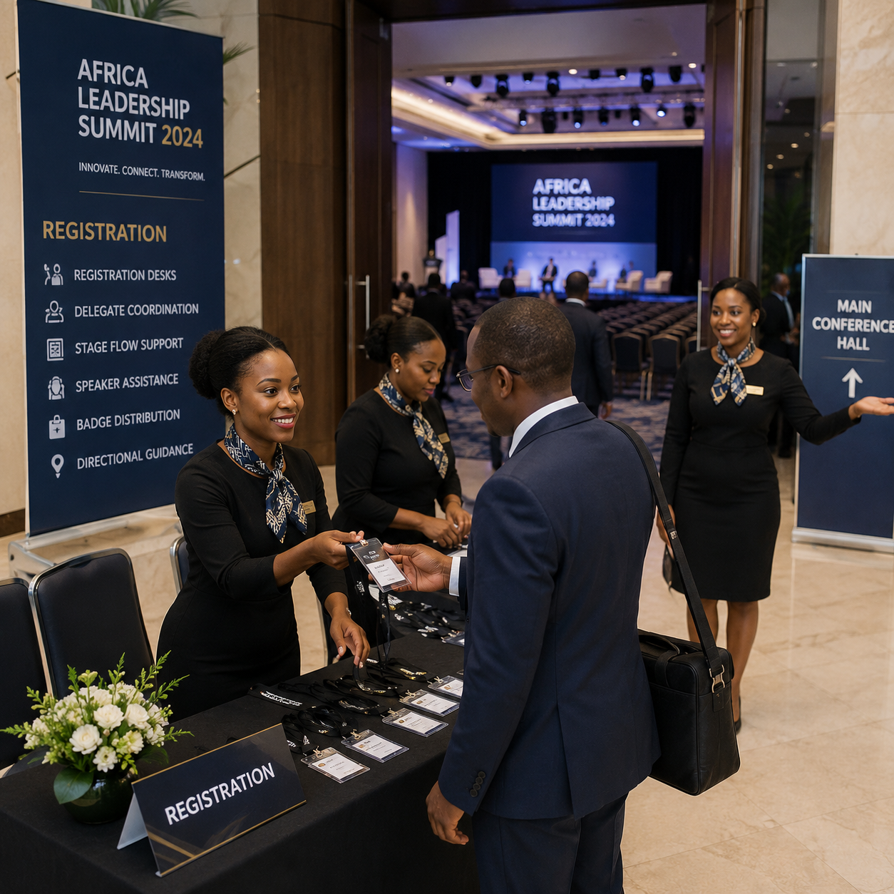 Experienced conference hostesses assisting delegates at a premium business summit in Nairobi, featuring registration desk support, badge distribution, delegate coordination and conference event management.