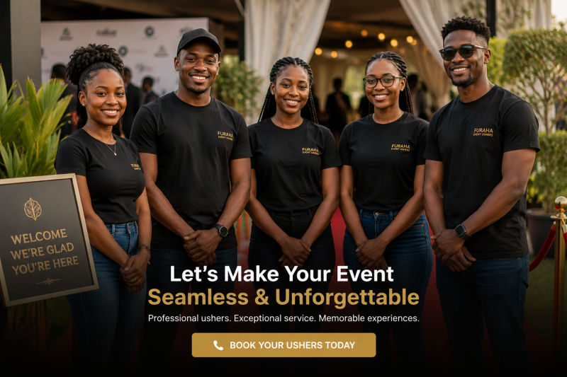 Professional Furaha Event Ushers team welcoming guests at a luxury outdoor event in Nairobi, showcasing elegant hospitality, guest reception and seamless event coordination.