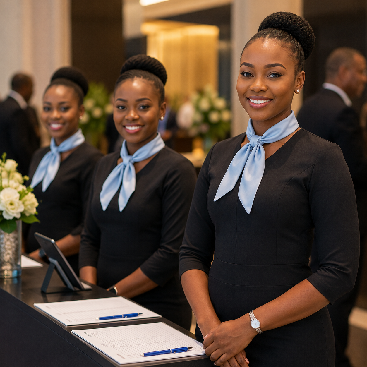 Professional corporate VIP ushers at a luxury event registration desk in Nairobi, welcoming guests with elegant hospitality uniforms and polished event coordination service.