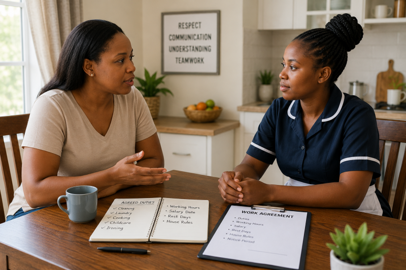 Employer and househelp discussing a written work agreement at a kitchen table to prevent workplace conflicts in a Kenyan home.