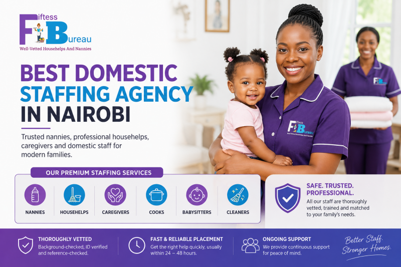 Fiftess Househelp Agency infographic showing trusted nannies, caregivers, househelps, and premium domestic staffing services in Nairobi.