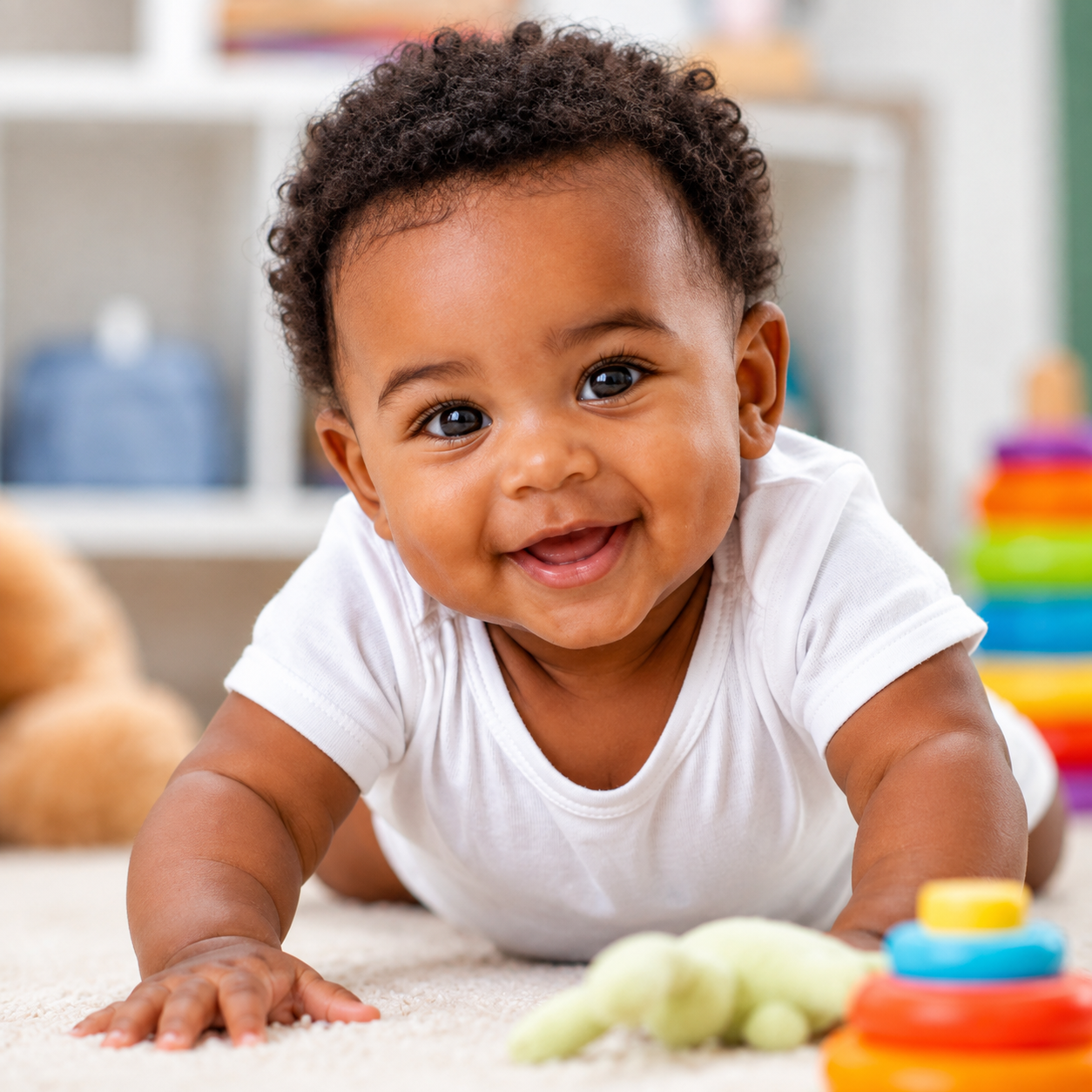 African nanny in a beige Fiftess uniform gently holding a baby on a modern sofa in a high-end Nairobi apartment, with city skyline in the background, showcasing professional, trusted childcare services.