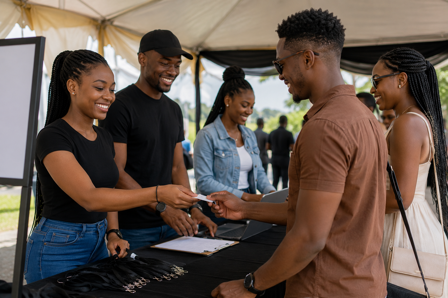 Young event staff assisting guests at a casual outdoor event registration and check-in desk in Nairobi, Kenya.