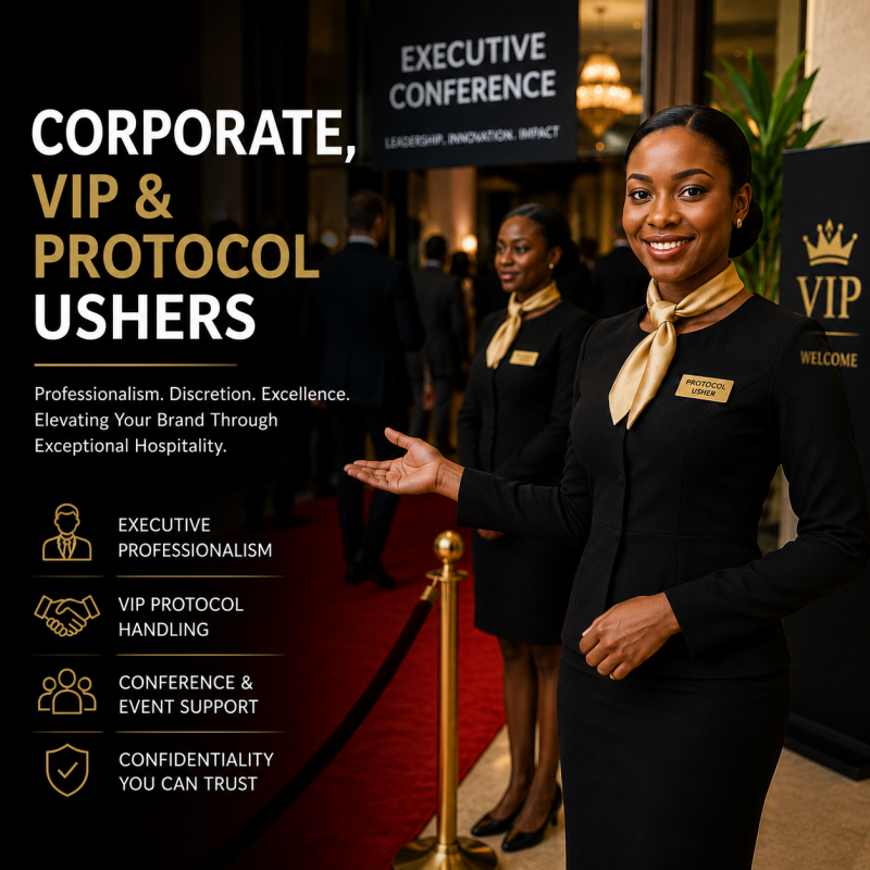 Professional corporate VIP and protocol ushers welcoming executive guests at a luxury conference event in Nairobi, featuring premium hospitality, VIP reception and executive event coordination.