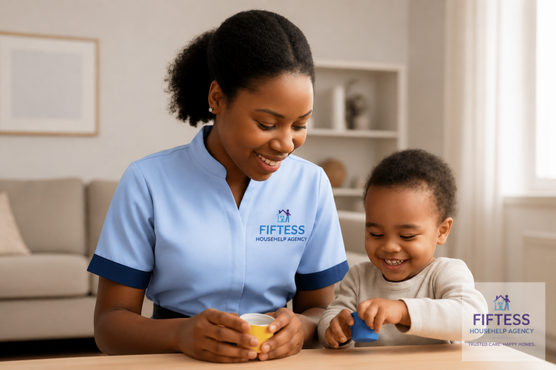 Professional babysitter in a light blue Fiftess Househelp Agency uniform engaging a smiling toddler in a bright, modern living room, demonstrating nurturing, attentive childcare in a home setting.