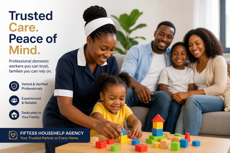 Trusted nanny from Fiftess Househelp Agency in Nairobi caring for a child while parents relax at home, showcasing professional and vetted domestic worker services.