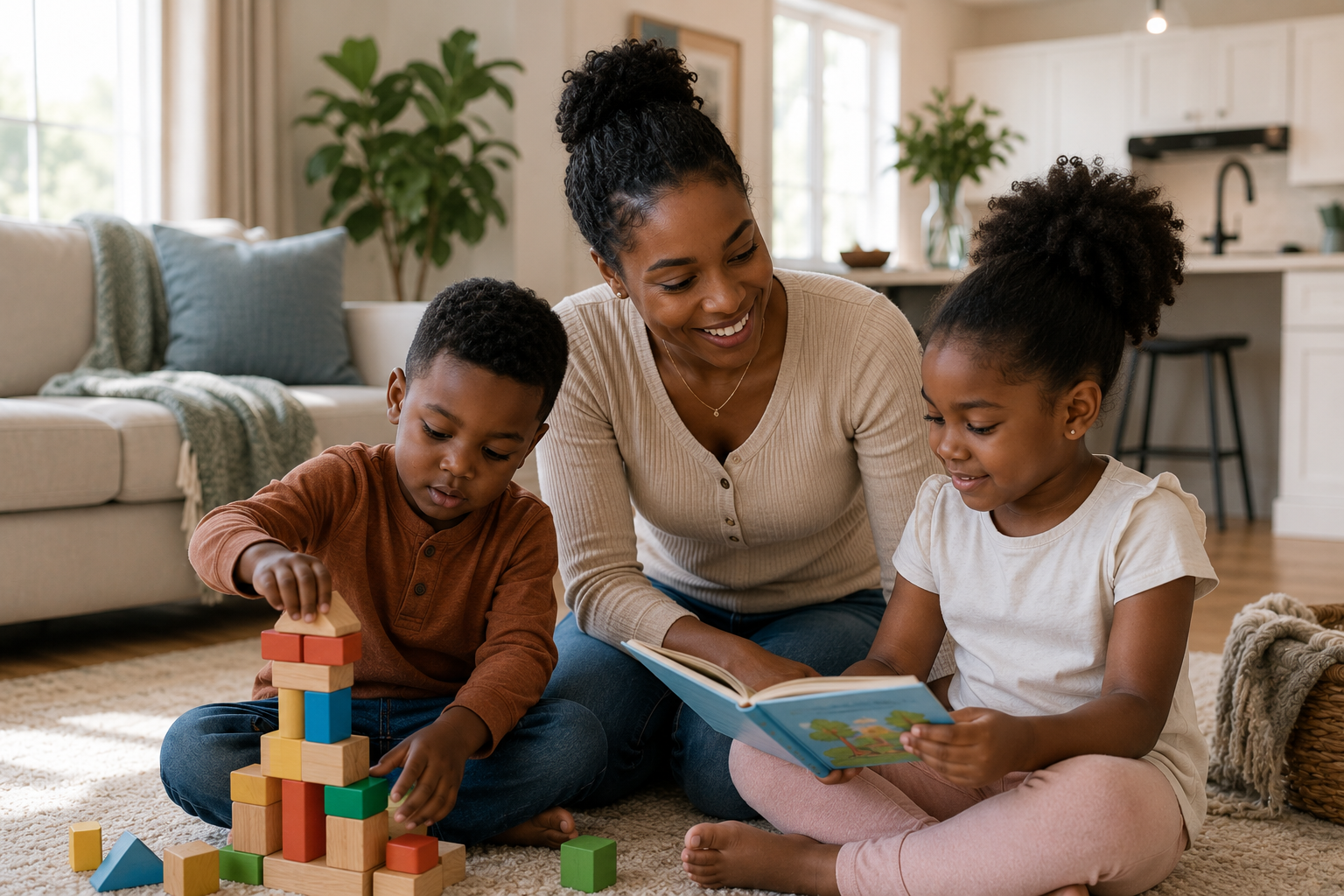 Professional live-in nanny caring for two young children in a bright modern home, supporting daily childcare, playtime, reading, and supervision.