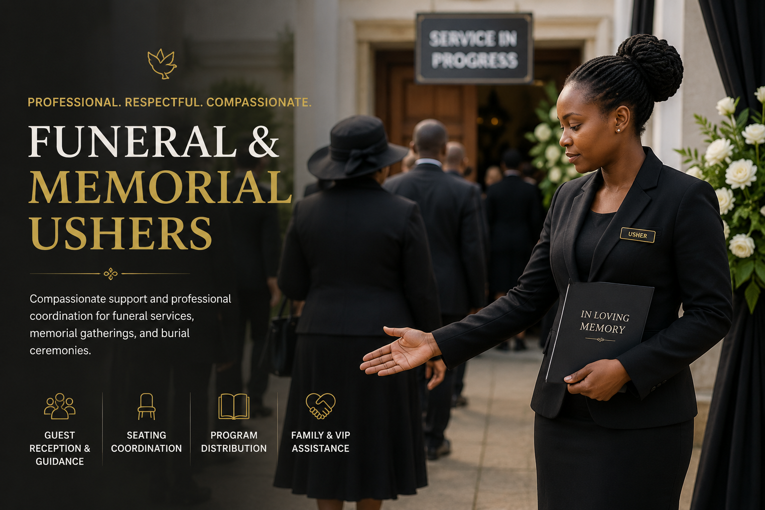 Respectful funeral usher helping manage guest arrivals and ceremony logistics during a burial and memorial gathering in Nairobi.