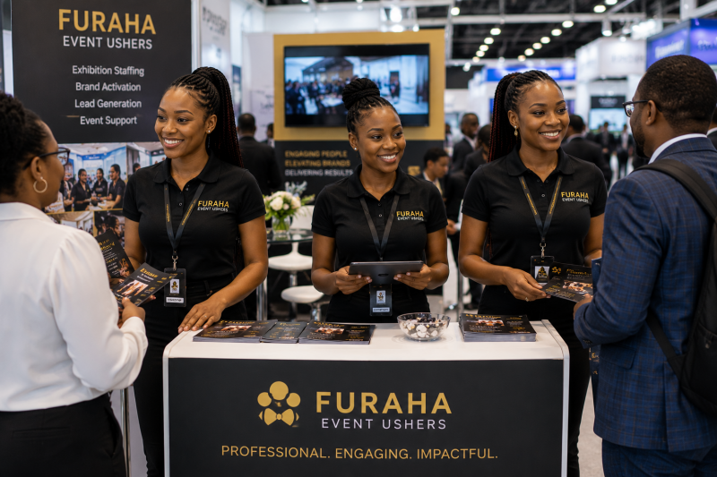 Professional Furaha Event Ushers brand promoters engaging visitors at an exhibition booth during a trade show event in Nairobi, Kenya.
