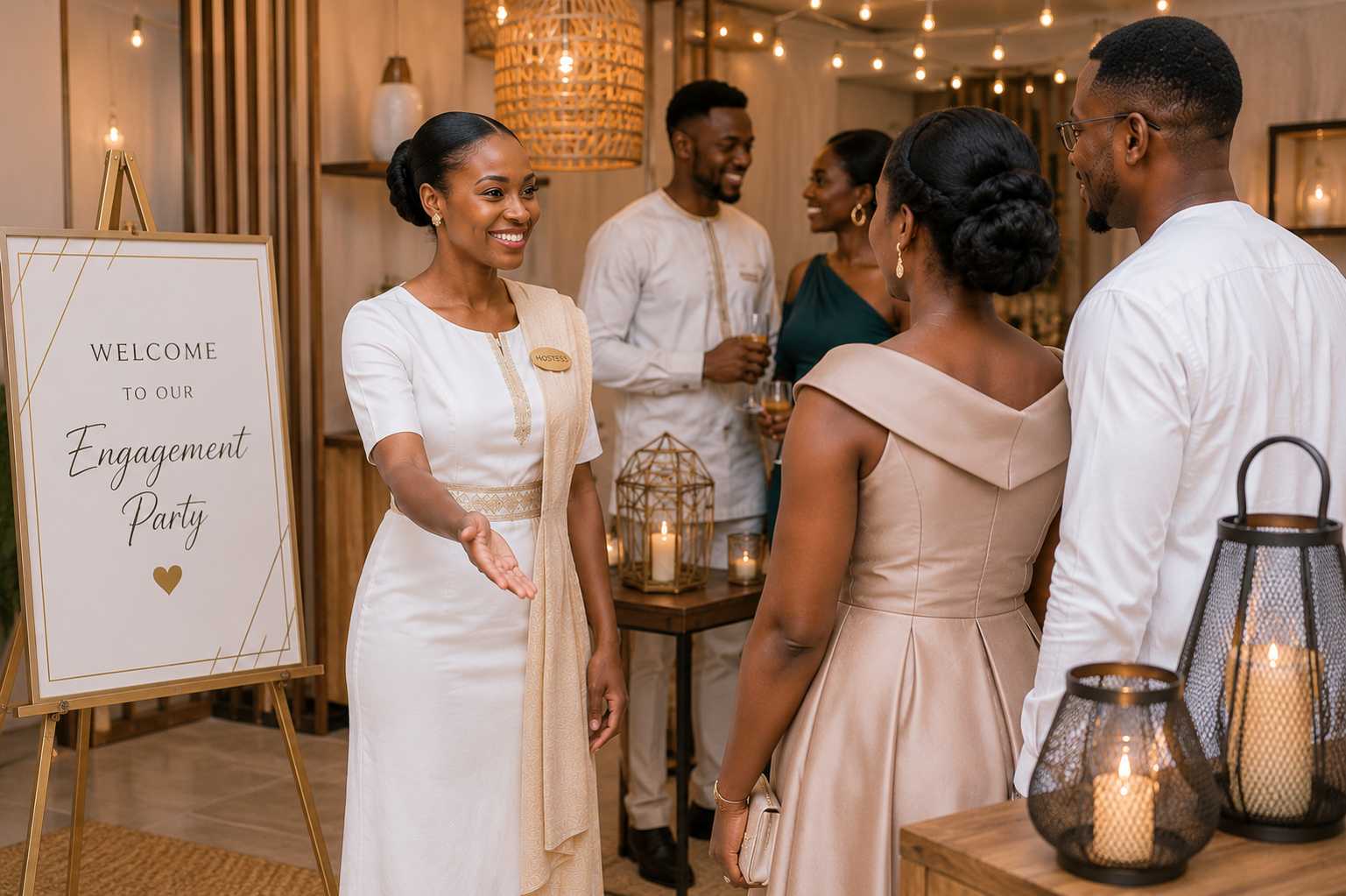 Elegant hostess warmly welcoming guests during an intimate engagement party celebration, featuring luxury neutral décor, ambient lighting, and sophisticated guest hospitality.