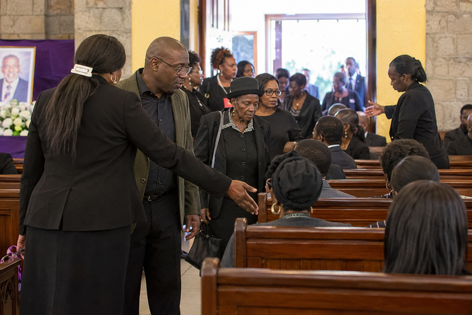 Professional funeral ushers welcoming mourners and guiding them to reserved seating inside a church, assisting elderly guests and coordinating family seating arrangements during a memorial service.