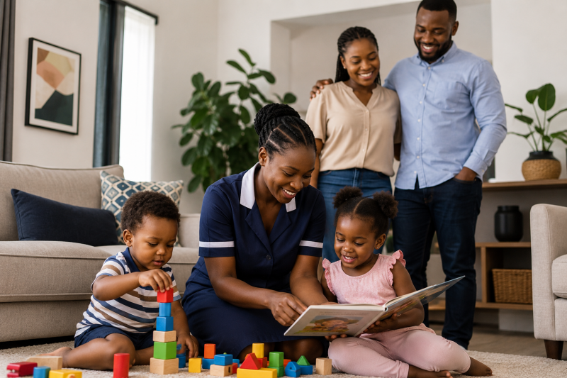 Professional Kenyan nanny caring for two young children in a bright family living room while their parents look on happily, illustrating a successful nanny placement and trusted childcare support in Nairobi