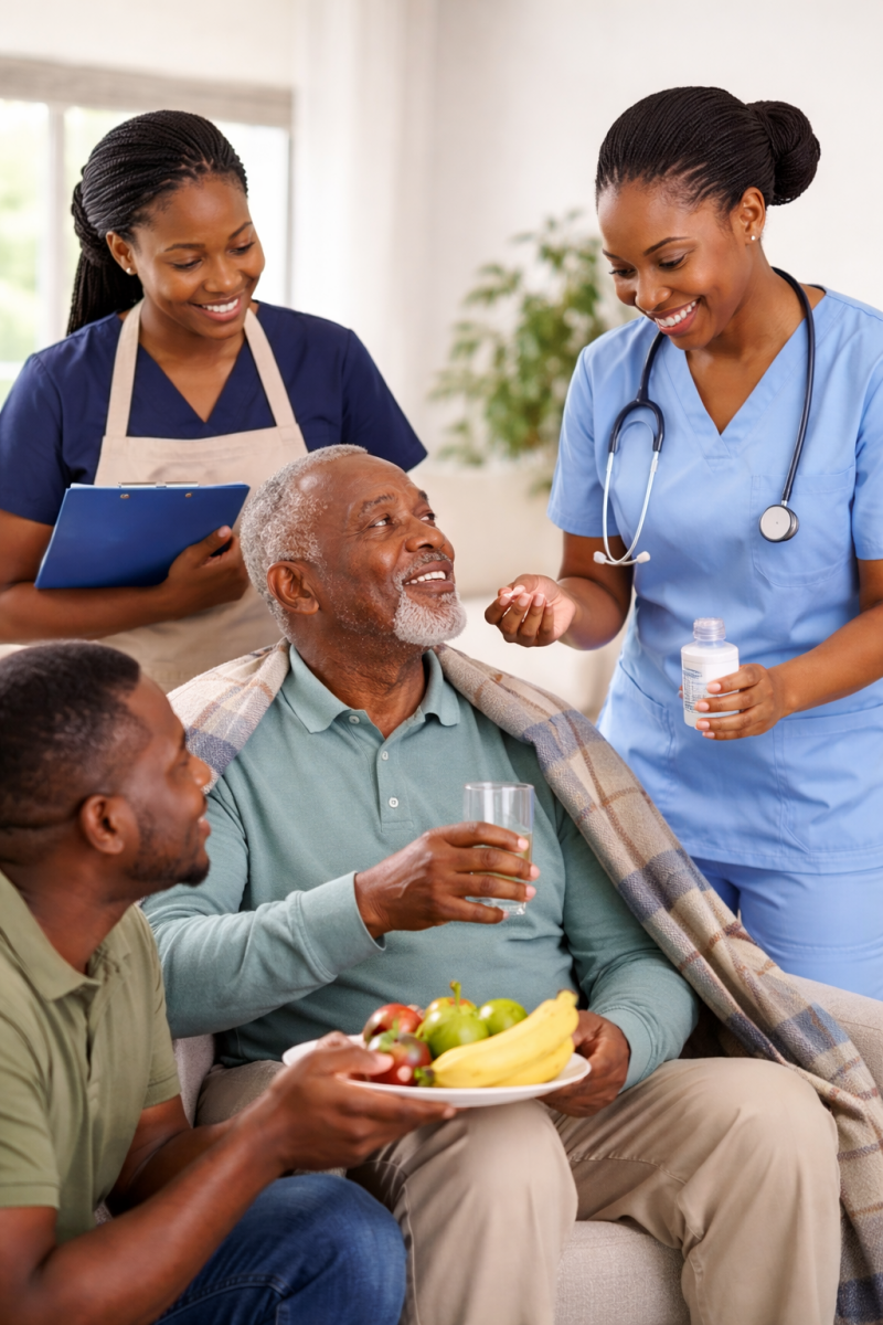 Trained caregivers in Nairobi providing home patient care services to an elderly man, including medication support and daily assistance