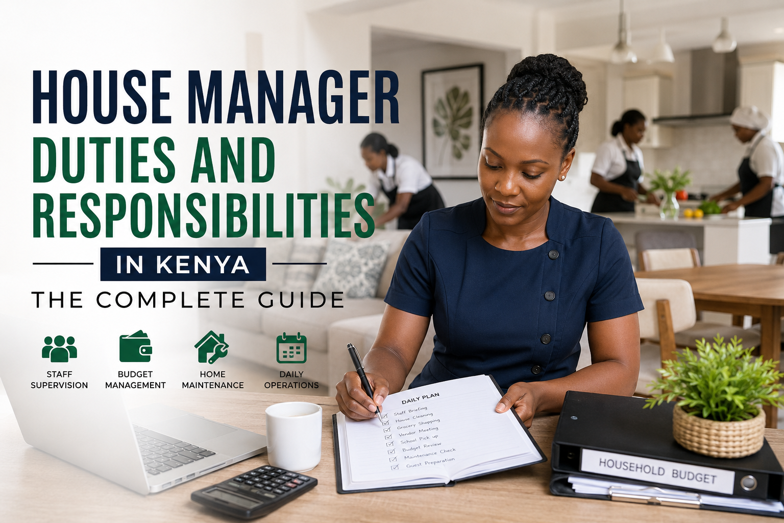 House manager duties and responsibilities in Kenya illustrated by a professional coordinating household staff and daily operations.