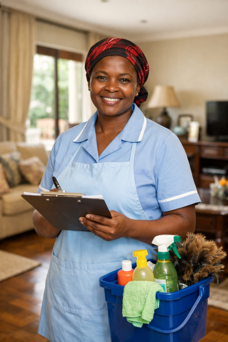 Professional house manager in a Nairobi home holding a checklist and supervising household tasks