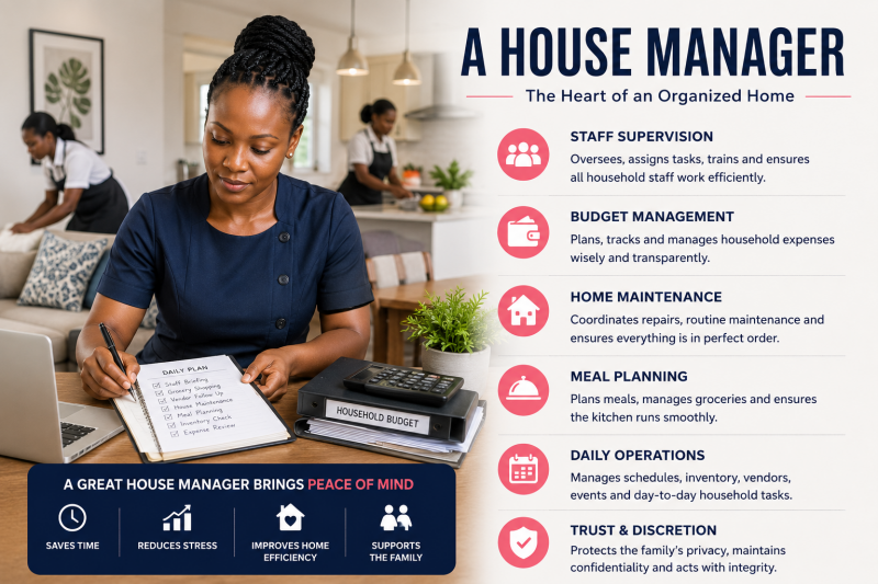 Professional house manager in Kenya supervising household staff, managing budgets, coordinating home maintenance, and overseeing daily household operations.