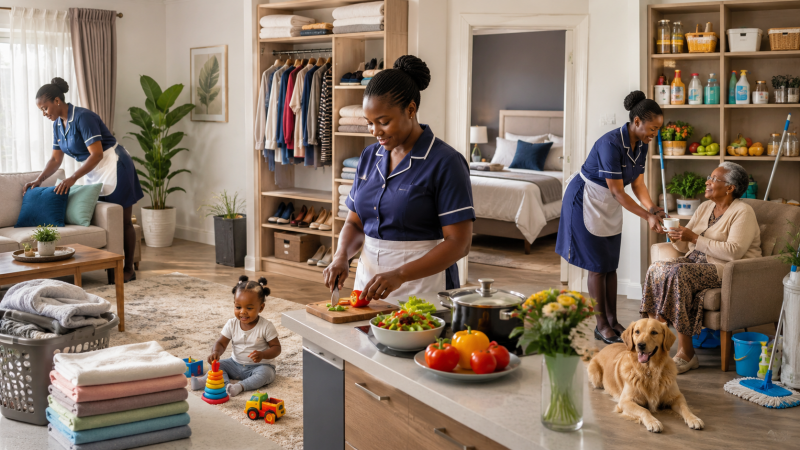 Professional househelp providing domestic support services including house cleaning, laundry, childcare, meal preparation, household organization, and elderly care in a Nairobi family home.