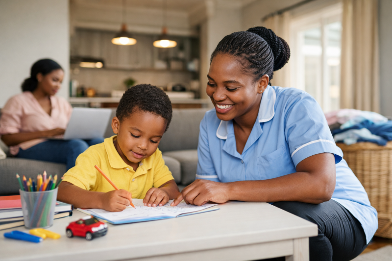 Experienced live-out nanny in Nairobi assisting a young child with learning activities at home while parent works nearby