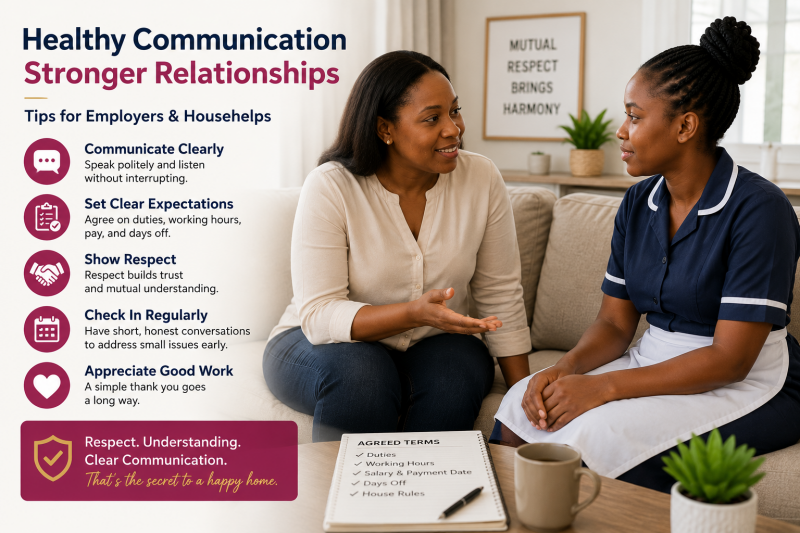 Employer and househelp discussing work expectations and conflict resolution, with an infographic promoting communication, respect, and written agreements for successful domestic employment.
