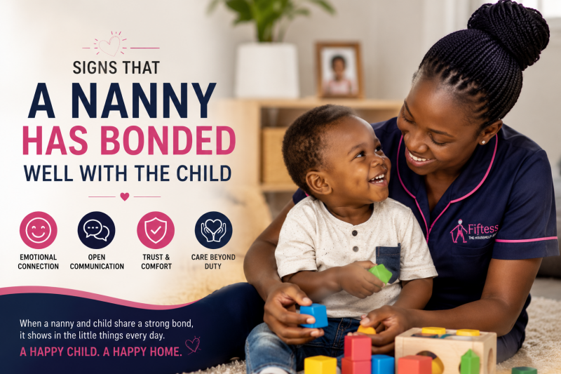 African nanny smiling and playing with a happy toddler in a modern family home, showing strong emotional bonding, trust, and quality childcare during everyday interaction.