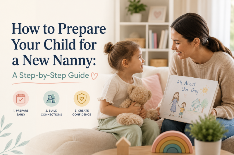 A smiling nanny sits with a young child in a bright living room, helping them feel comfortable and engaged during their first interactions. The image illustrates a step-by-step guide to preparing children for a smooth transition to a new nanny.