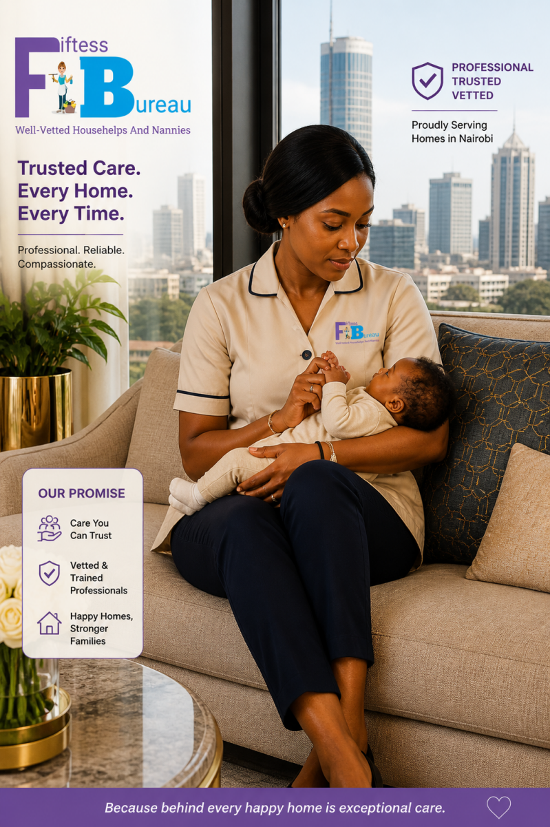 African nanny in a beige Fiftess uniform gently holding a baby on a modern sofa in a high-end Nairobi apartment, with city skyline in the background, showcasing professional, trusted childcare services.