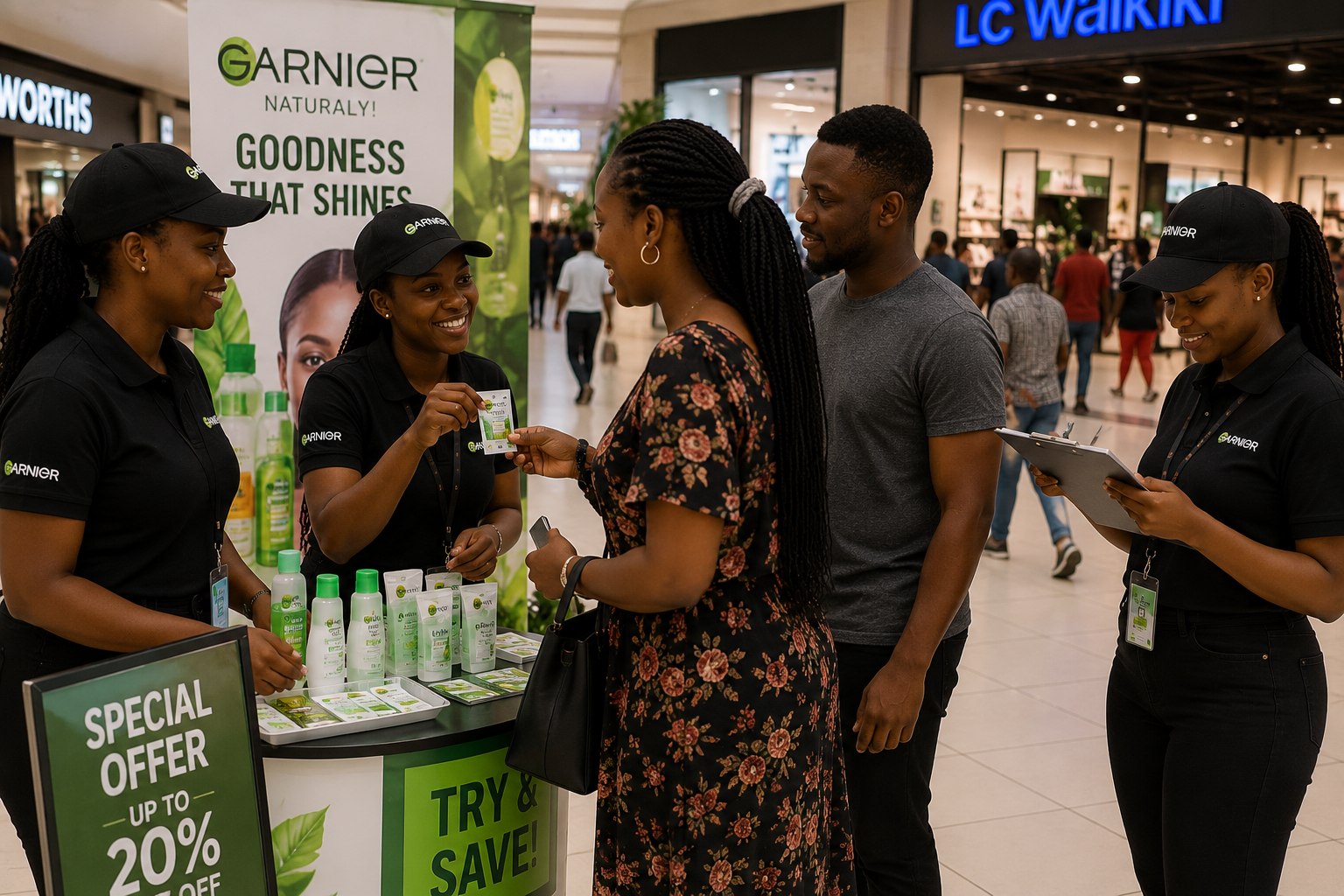 Mall activation promoters engaging shoppers through product sampling, customer interaction, and promotional campaigns inside a busy Nairobi shopping mall.