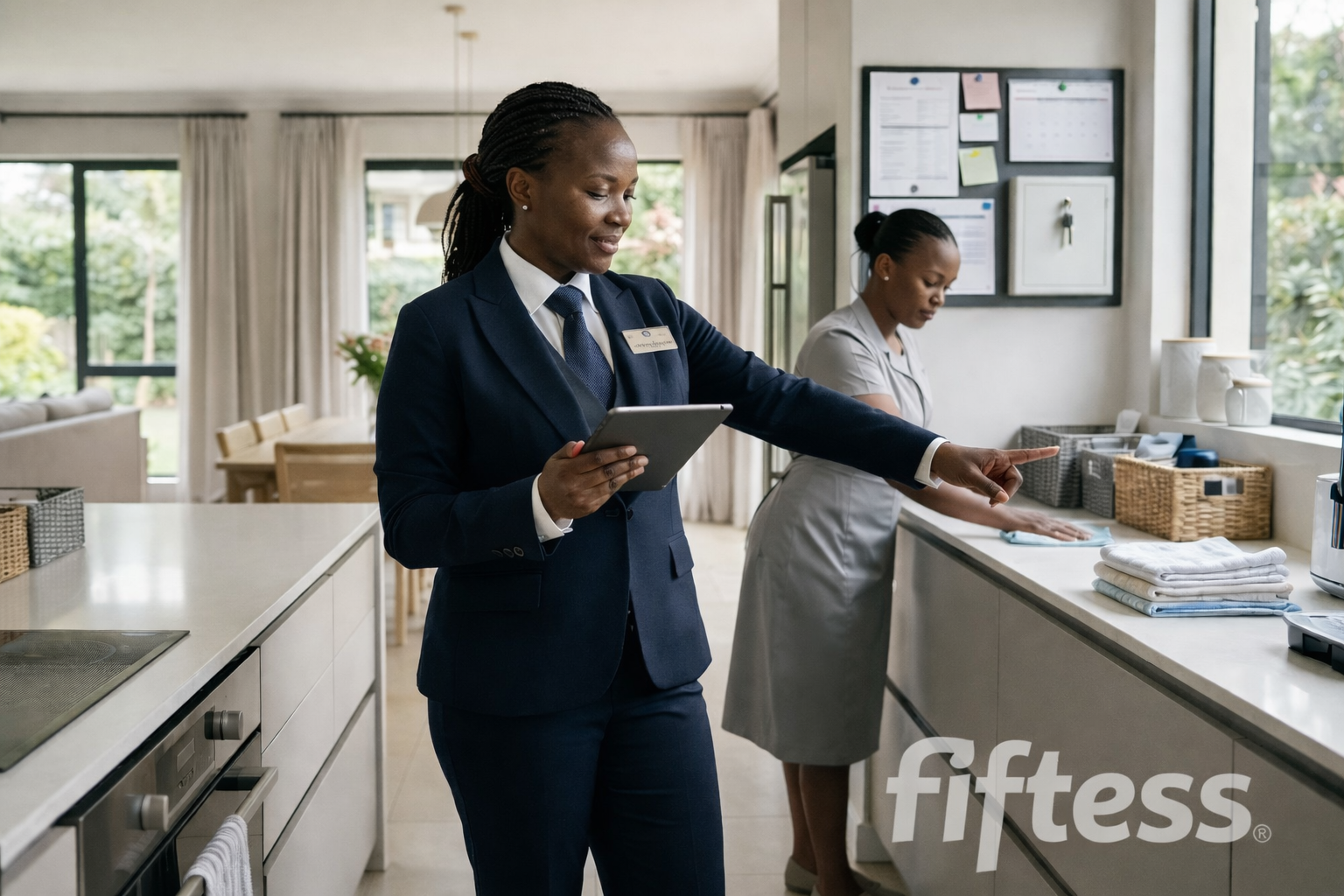 Professional house manager overseeing household operations and staff in a modern luxury home