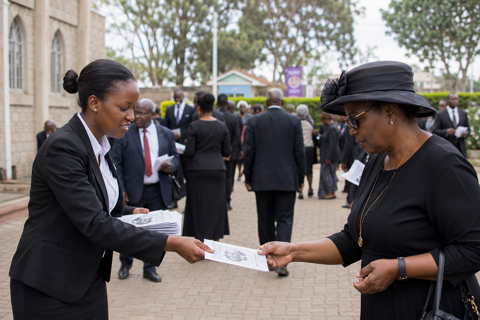 Professional funeral usher distributing service programs to arriving mourners outside a church while assisting guests with directions and event information during a memorial service in Kenya.
