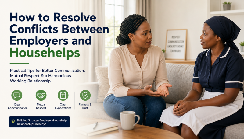 Employer and househelp having a respectful conversation in a living room, illustrating peaceful conflict resolution and healthy working relationships in Kenya.