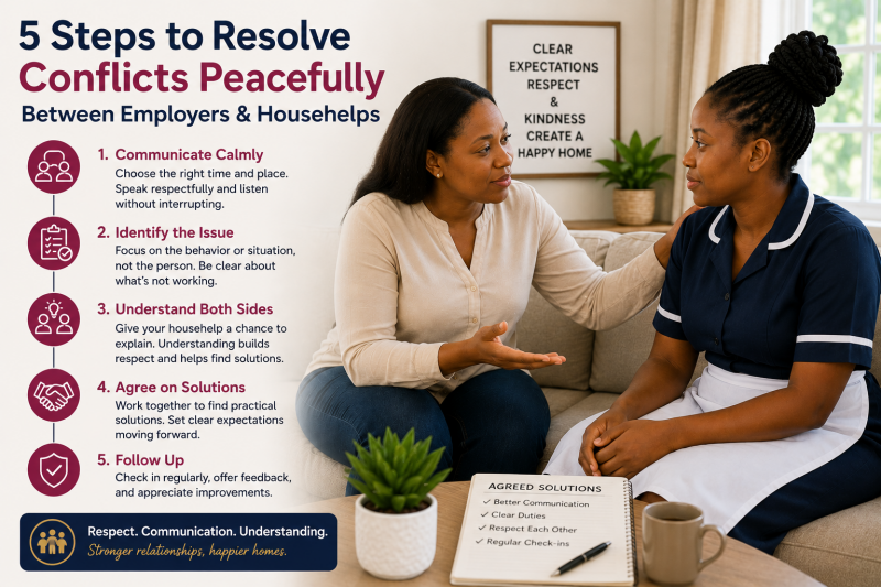 Infographic showing five steps to resolve conflicts between employers and househelps through communication, mutual respect, and practical problem-solving in a Kenyan household.