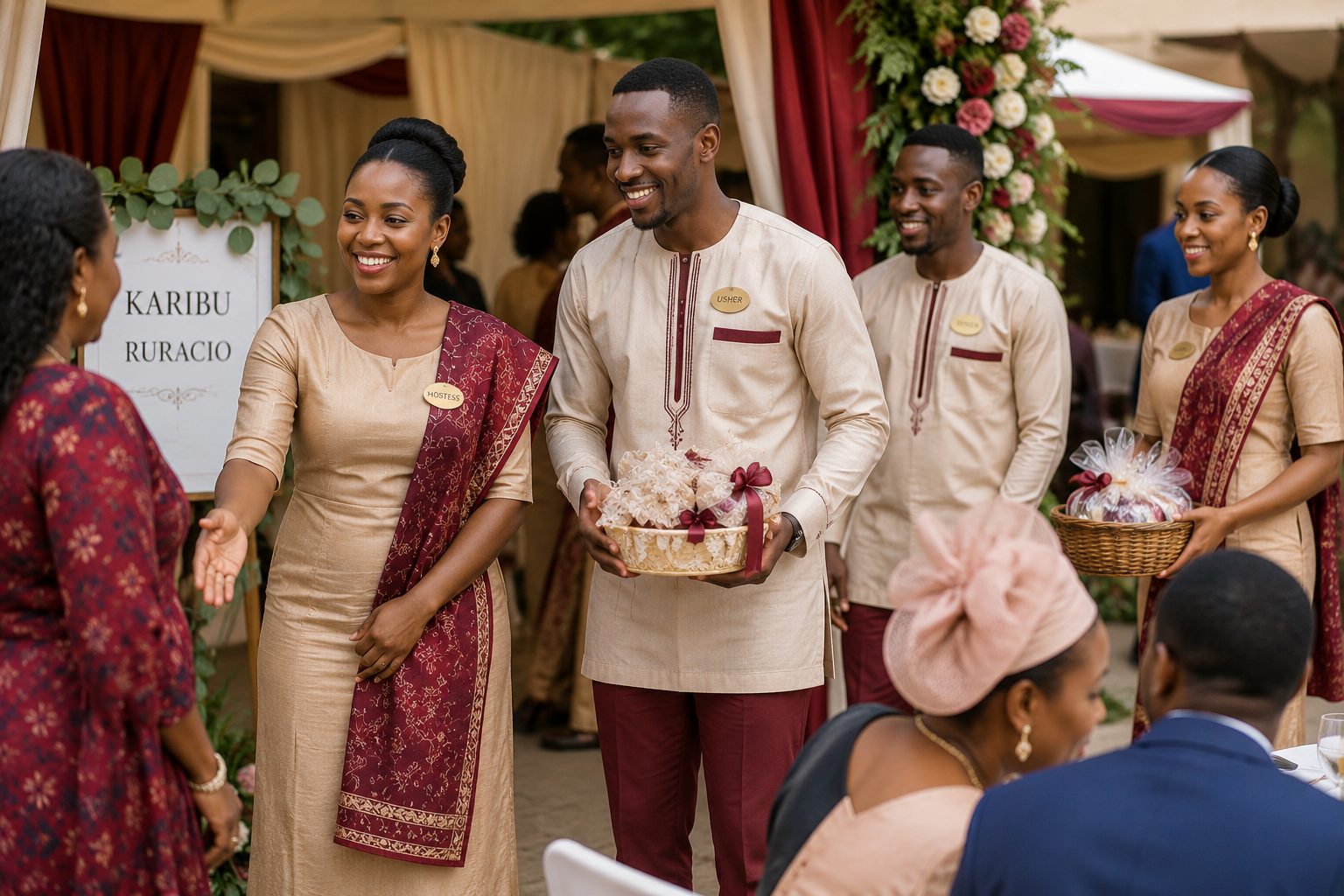 Traditional ceremony hosts warmly welcoming guests during a Kenyan ruracio celebration, featuring elegant cultural attire, organized guest coordination, family hospitality, and ceremonial gift reception.