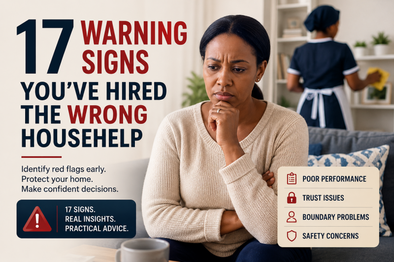 Concerned homeowner watching a househelp clean the living room while thinking about warning signs of a poor household employee.