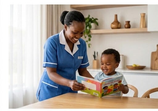 Professional domestic worker providing childcare and early learning support for a toddler in a clean home environment.