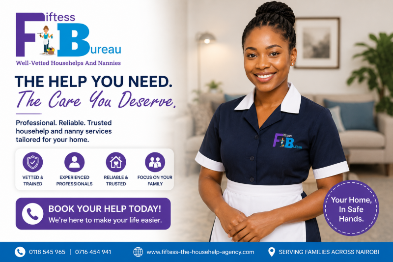Professional nanny from Fiftess Househelp Agency in Nairobi promoting trusted, vetted and reliable nanny and househelp services for families across Nairobi.