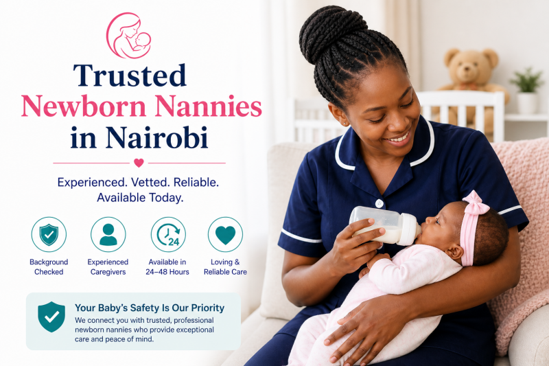 Professional nanny in a navy uniform gently bottle-feeding a newborn in a cozy nursery setting, illustrating trusted, vetted newborn nanny services in Nairobi with emphasis on safety, reliability, and 24 hour availability.